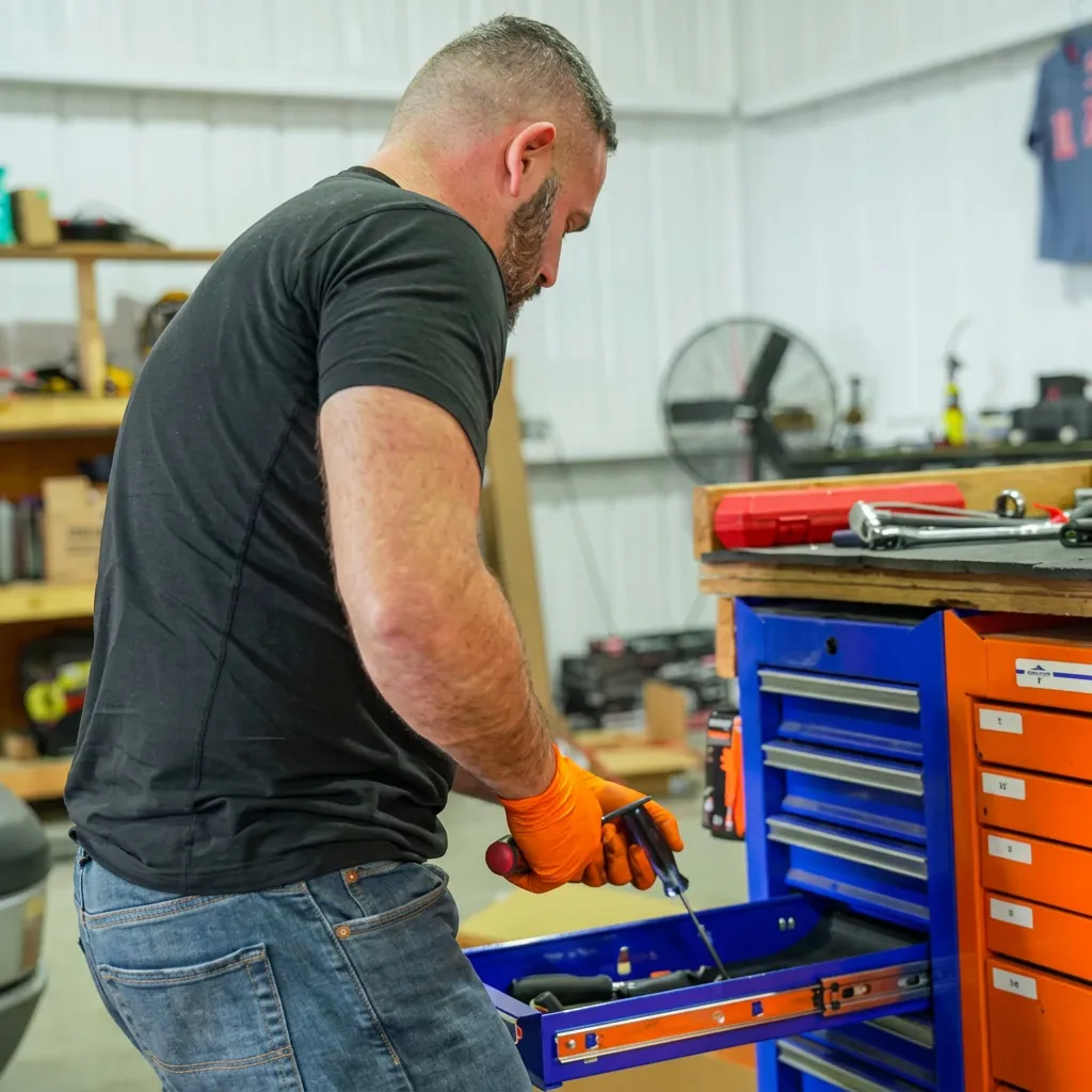 Steve at the tool chest inside The Mechanic Shop auto repair bay in Amarillo, TX