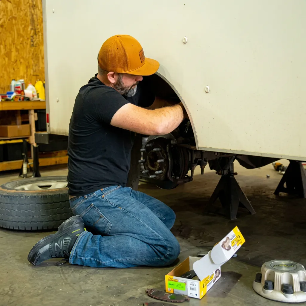 Mechanic inspecting a wheel and brake assembly at The Mechanic Shop in Amarillo, TX